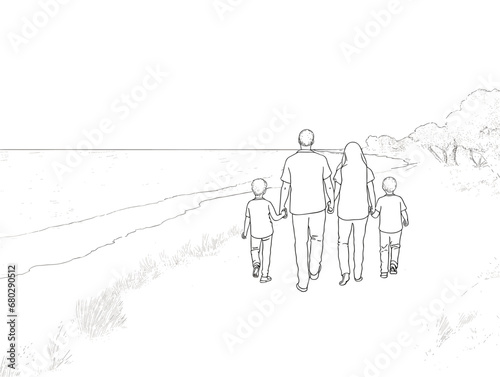 A Group Of People Walking On A Beach - Family on vacation walking on a beach