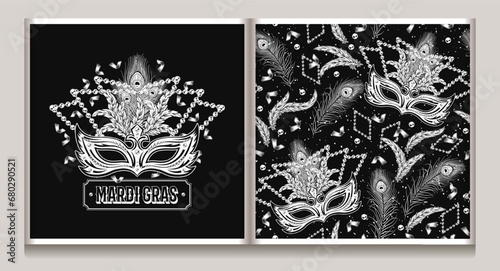 Carnival Mardi Gras label, pattern with masquerade mask, peacock feathers, confetti, scattered beads. Festive holiday design. Vintage illustration for prints, clothing, surface design. Not AI