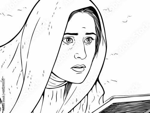 A Black And White Drawing Of A Woman Reading A Book - Female student partially smiling while looking at laptop