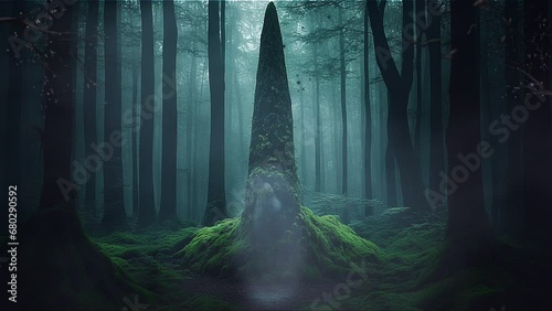 Ancient haunted monolith in the middle of the woods. photo