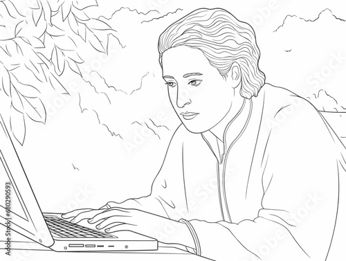 A Woman Sitting At A Table Using A Laptop - Female student partially smiling while looking at laptop