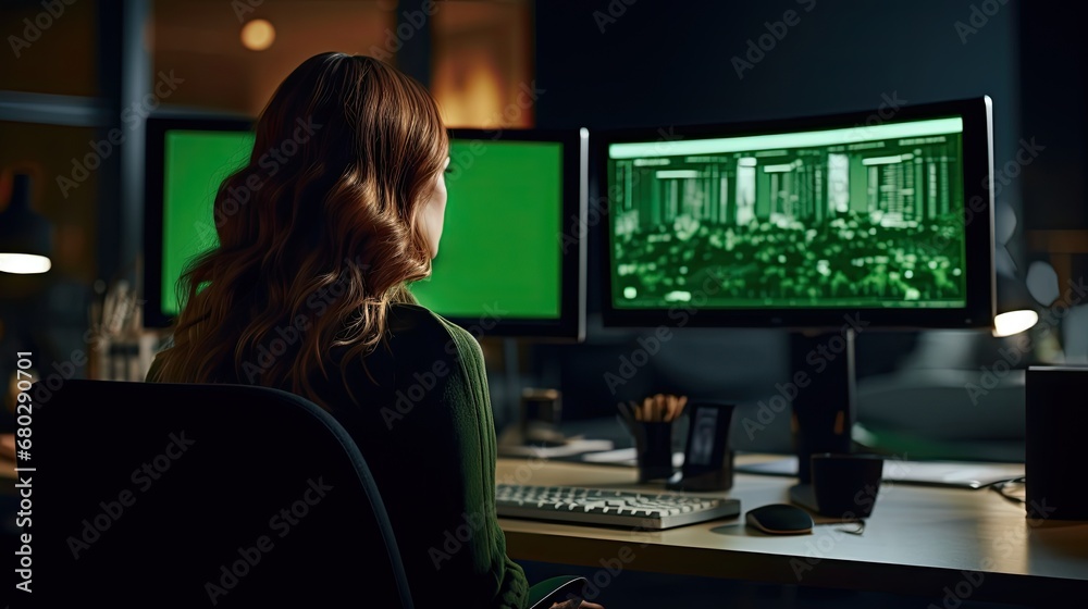 Woman working in front of computer with green screen, back view