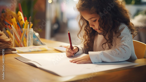 Baby girl drawing on a white paper with pencil and sitting in front of wooden table, side view photo