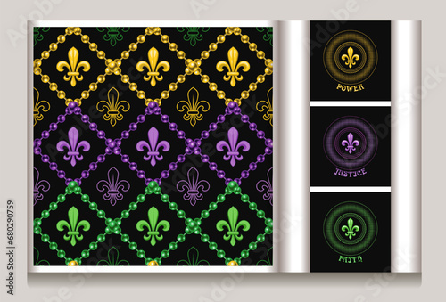 Geometric pattern, labels with fleur de lis symbol, beads. Diagonal square grid with beads. Circular carnival Mardi Gras traditionally colored pattern meaning Power, Faith, Justice. Halftone style.