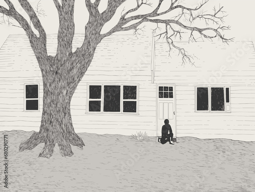 A Person Sitting In Front Of A House - For sale board outside dream family home