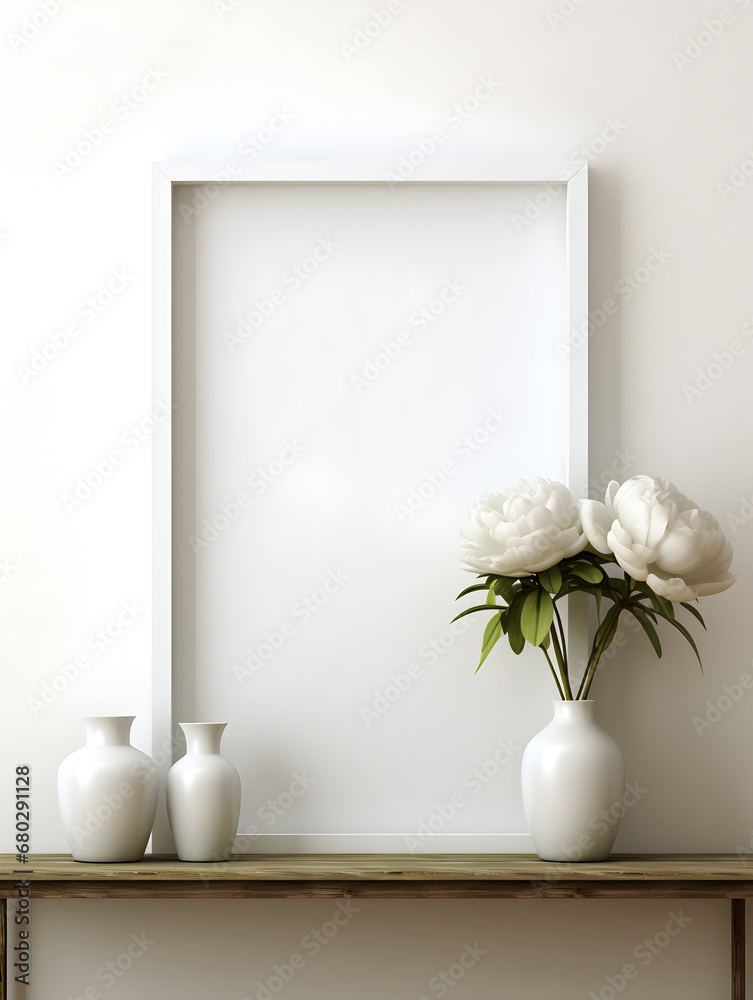 Mock up empty frames on a shelf background with white peonies in vase