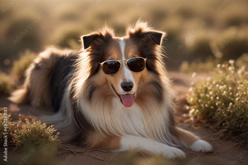 Obraz premium Funny Longhaired Collie in sunglasses