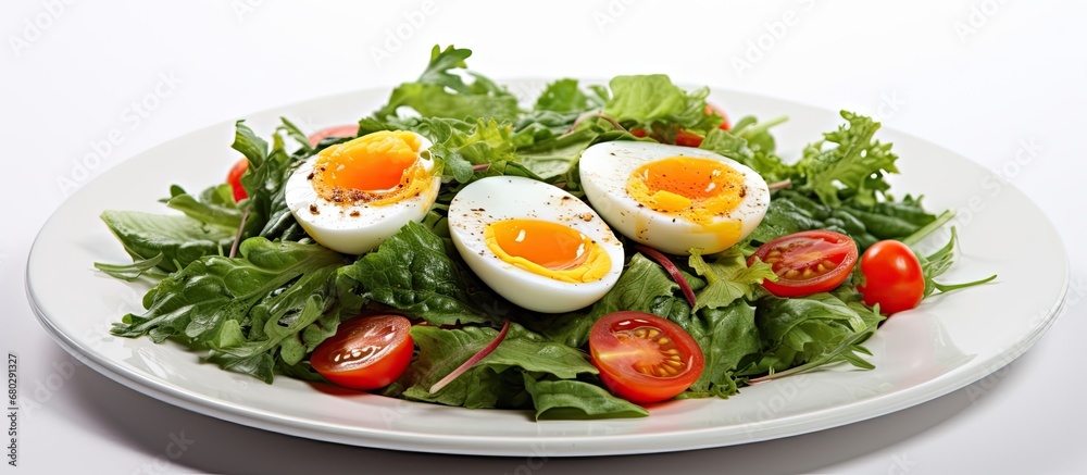background, an isolated plate rests on a white tablecloth, adorned with a vibrant green Asian salad piled high with leafy vegetables, sliced tomato, and a perfectly cooked egg drizzled with a healthy background, an isolated plate rests on a white tablecloth, adorned with a vibrant green Asian salad piled high with leafy vegetables, sliced tomato, and a perfectly cooked egg drizzled with a healthy