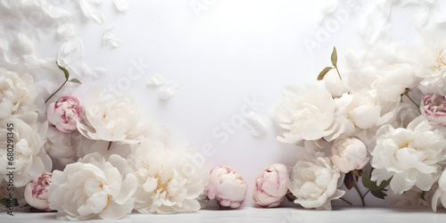 White floral mock up scene background with peonies, product presentation concept 