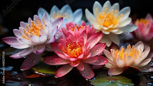 Lotus flower blooming in the pond. Lily flowers blooming on pond. Yoga Concept. Springtime concept with copy space.