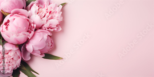 Fototapeta Naklejka Na Ścianę i Meble -  Pink peonies on pink background with copy space for text