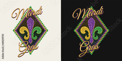Rhombus carnival Mardi Gras label with text. Fleur de Lis sign with mosaic of beads on striped background. For prints, clothing, plate, apparel, t shirt, surface design