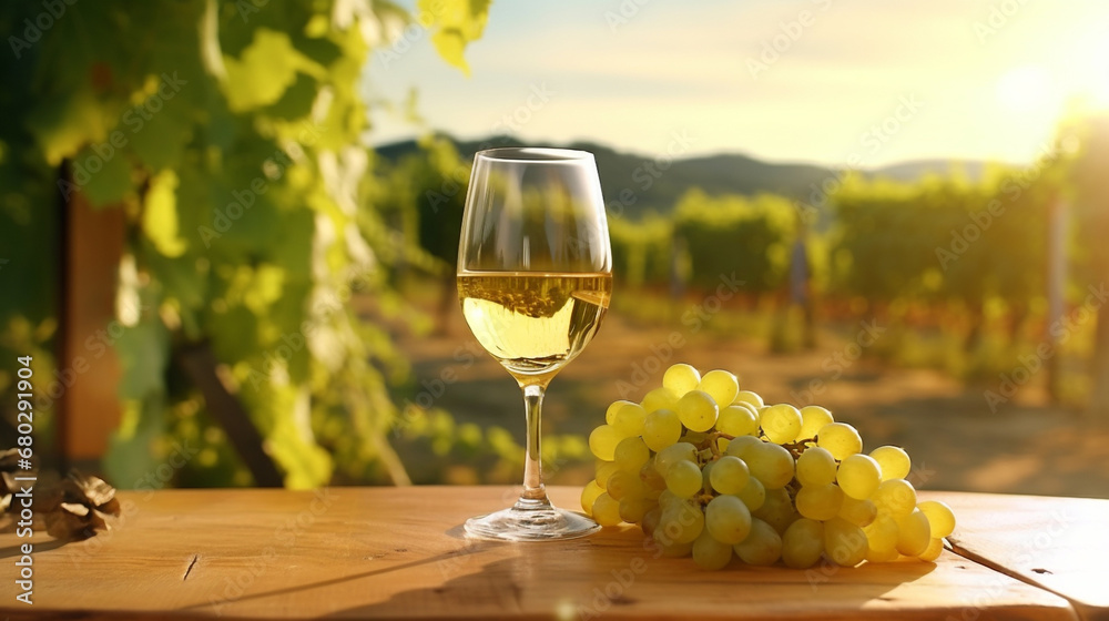  A Photorealistic Ode to White Wine and Vineyard Bliss. AI generative.