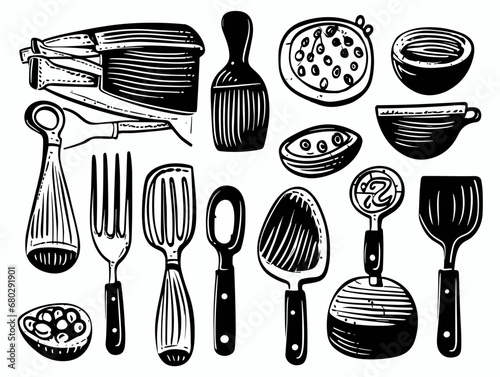 A Black And White Drawing Of Various Kitchen Utensils - kitchen utensils.