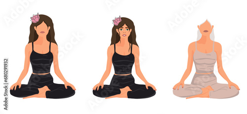 Girl in lotus pose, yoga pose flat character. (ID: 680291932)