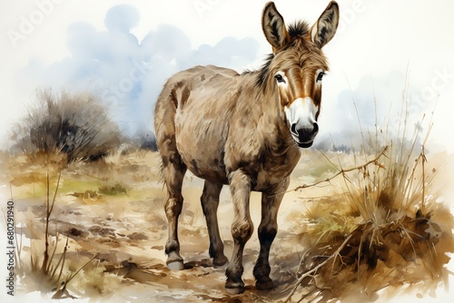 Watercolor Farm Animal Donkey Isolated on White Background