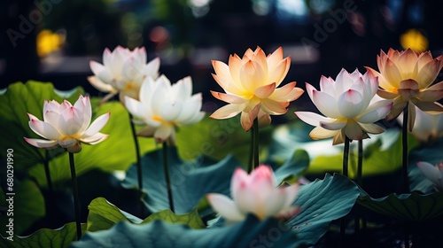 Lotus flower blooming in the pond. Lily flowers blooming on pond. Yoga Concept. Springtime concept with copy space.
