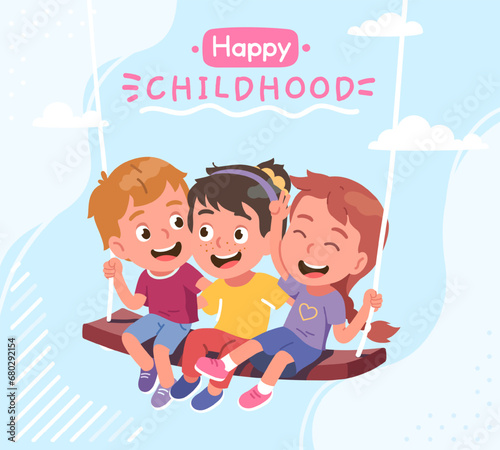 Girls, boys children friends enjoying swinging on swing. Joyful happy kid person friends playing together, entertainment fun leisure activity. Childhood happiness background flat vector illustration