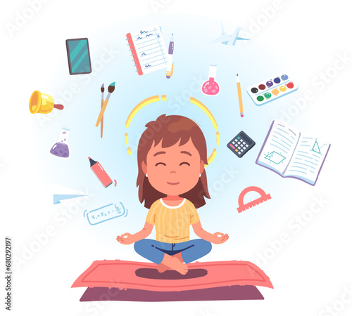 Girl student kid meditating with stationery flying around concept. Schoolgirl child sitting in lotus pose relaxing surrounded by pen, notebook, pencil. Education stress relief flat vector illustration