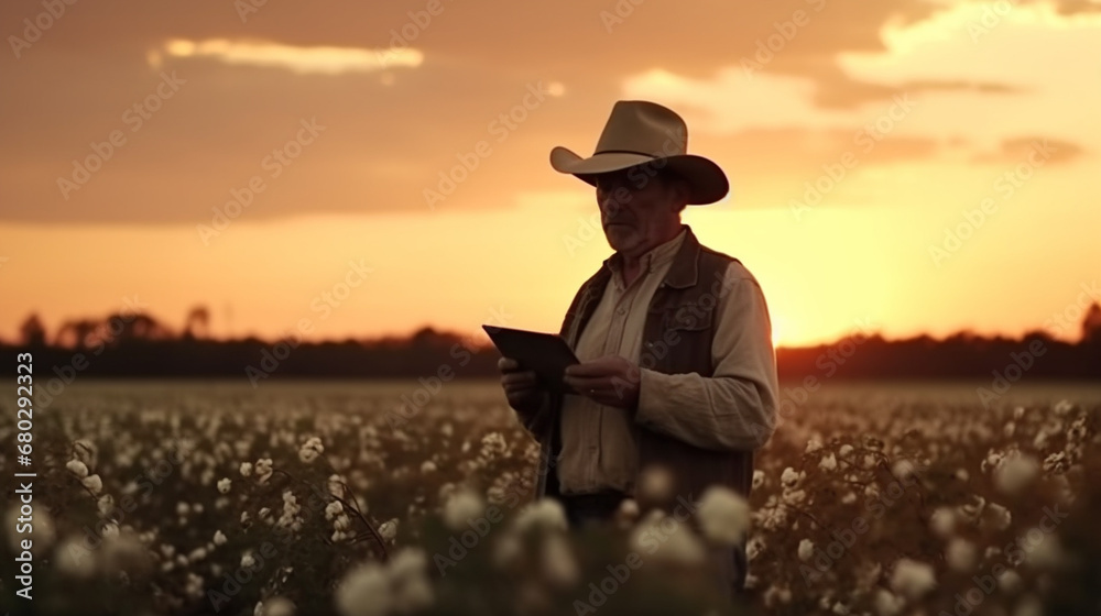 A male farmer in a cotton field. AI Generated - obrazy, fototapety, plakaty 