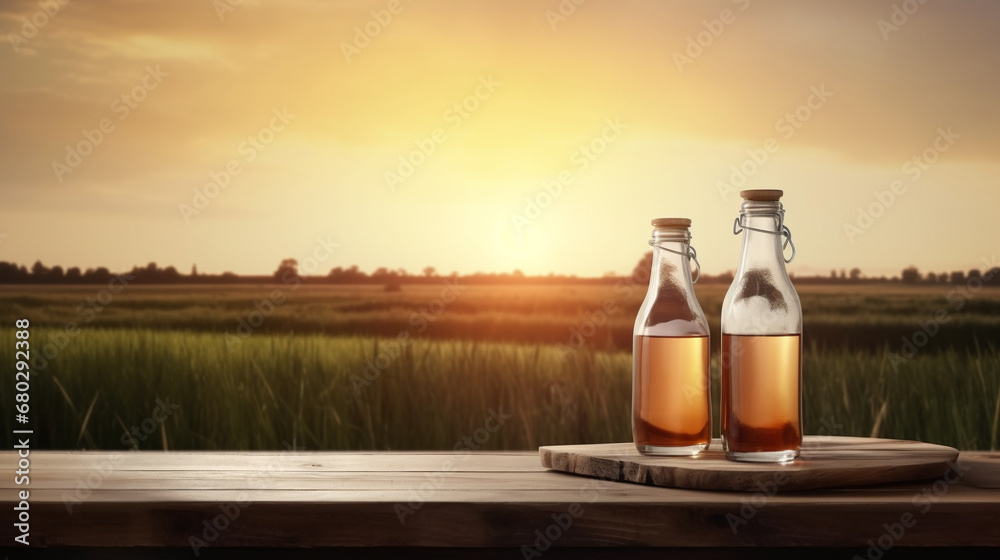 A bottle of tea stands on a wooden table. AI Generated A bottle of tea stands on a wooden table. AI Generated