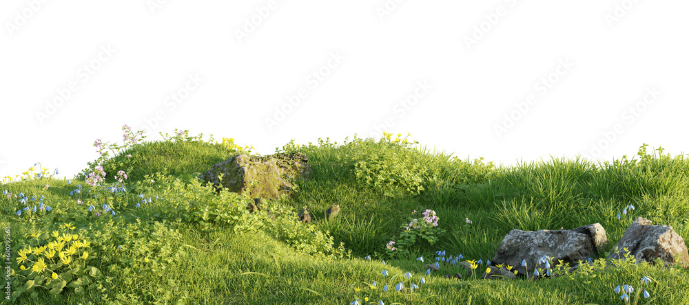 Verdant Hill Blooming with Yellow Flowers in Spring. 3D render. - obrazy, fototapety, plakaty 