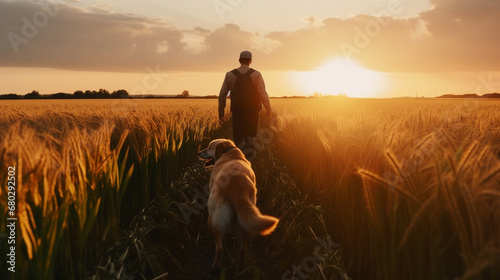 A farmer walks through a cornfield with his dog. AI Generated ©  iiulia