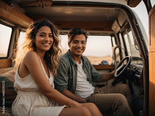 Snapshot of a man and woman relishing the freedom and adventure of van life, embodying the spirit of nomadic living in their recreational vehicle. © John Vogia