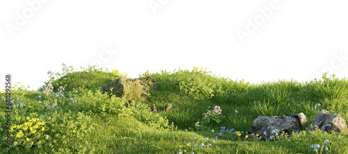 Verdant Hill Blooming with Yellow Flowers in Spring. 3D render. photo