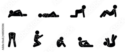 man icon, stick figure people lying, standing, sitting, fitness illustration
