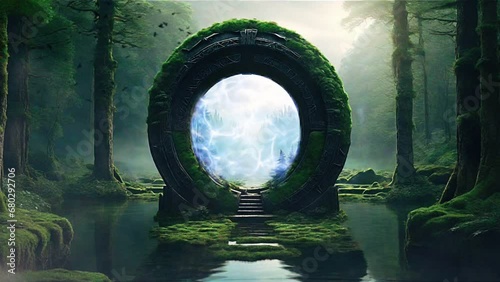 Stargate portal on an unknown alien planet in the middle of the wilderness photo