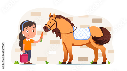 Fototapeta Naklejka Na Ścianę i Meble -  Equestrian girl taking care, feeding horse carrot