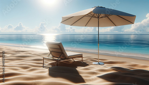 Travel vacation trip. An umbrella with sunbed on the white sand. Paradise relaxation concept. Ai generative.  © CurioTime