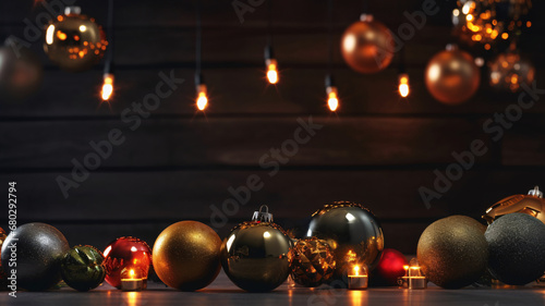 Christmas background with decorations on dark blue background. View with copy space. Christmas or New Year background.
