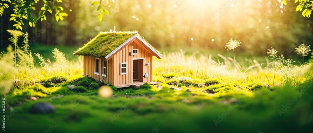 Fototapeta Wooden rural house model, real estate miniature in the meadow, new housing, young family, generative ai.