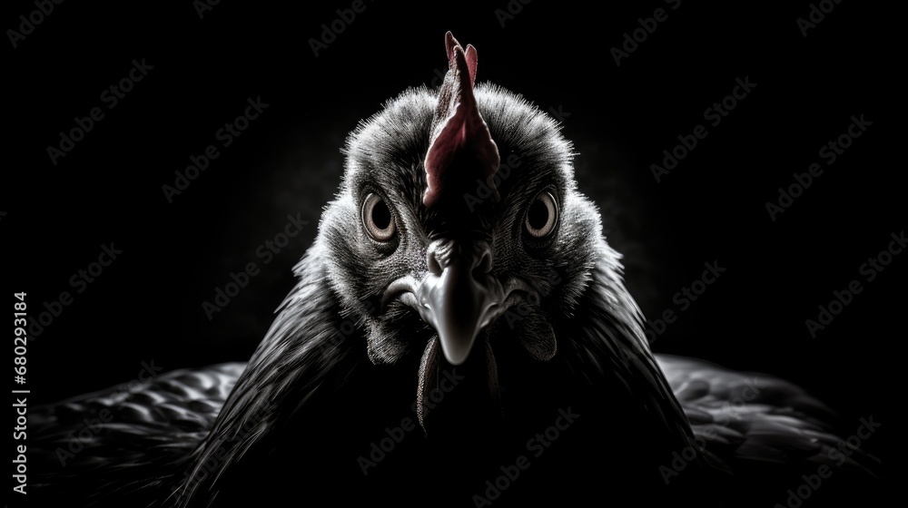 Fototapeta premium Close-up portrait of a rooster in monochrome style. The domestic bird is looking at something. Illustration for cover, card, postcard, interior design, decor or print.