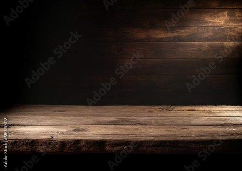 黒板の壁を背景にした空の木製テーブルトップ。バナー形式のプレゼンテーションで、製品のモックアップやディスプレイに最適。Empty wooden tabletop against a blackboard wall backdrop, ideal for product mockups and displays, in a banner-style presentat　Generative AI	