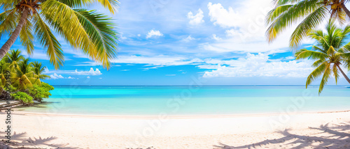 Paradise beach of a tropical island, palm trees, white sand, azure water. Famous stone beach in the Seychelles. Generative AI.