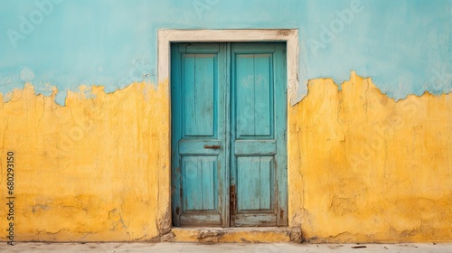 The dilapidated wall of the building and the wooden door require major repairs. Facade of a house with damaged plaster. Photophone for retro shooting. Illustration for cover, card, interior design.