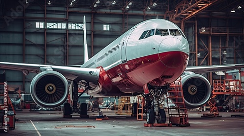 The airplane is in the hangar for maintenance. Illustration for cover, card, postcard, interior design, banner, poster, brochure or presentation.