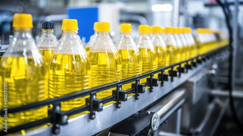Automatic line for packing oil (vegetable oil, olive oil, sunflower oil, etc.) into glass or plastic containers. Bottling plant. Bottles on a factory conveyor. Illustration for cover or presentation.