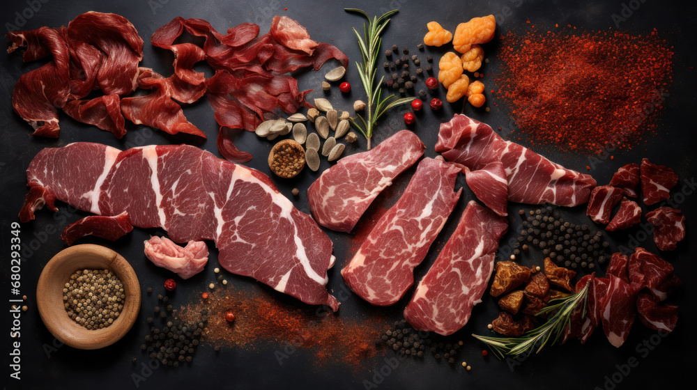 Close up view of beef jerky pieces on a wooden table. Top view. Close up view of beef jerky pieces on a wooden table. Top view.