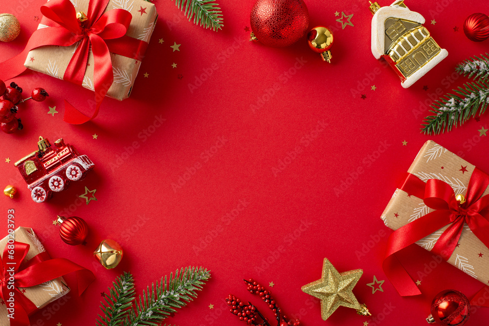 Unwrap joy of season. Flat lay top view of earthy gift boxes, dressed up with red and gold ornaments, imaginative Christmas tree decor, pine twigs, confetti, set on cheerful red backdrop with ad space Unwrap joy of season. Flat lay top view of earthy gift boxes, dressed up with red and gold ornaments, imaginative Christmas tree decor, pine twigs, confetti, set on cheerful red backdrop with ad space
