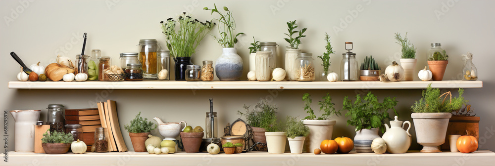 A shelf filled with lots of potted plants and jars in kitchen.