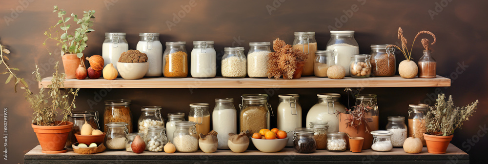 A kitchen white wall with shelves topped with lots of bottles, bowls and jars with spices and products