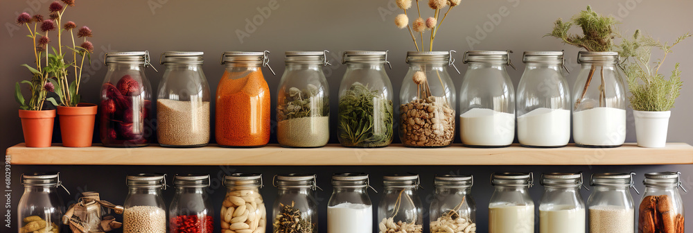 A kitchen white wall with shelves topped with lots of bottles, bowls and jars with spices and products