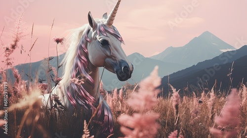 Dream in colors: Majestic unicorn in a magical mountain meadow at sunrise. © Alex