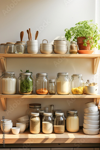 A kitchen white wall with shelves topped with lots of bottles  bowls and jars with spices and products