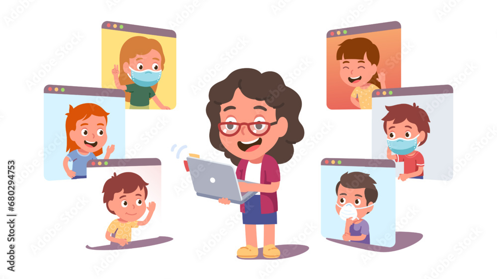 Teacher woman, kids students online class concept