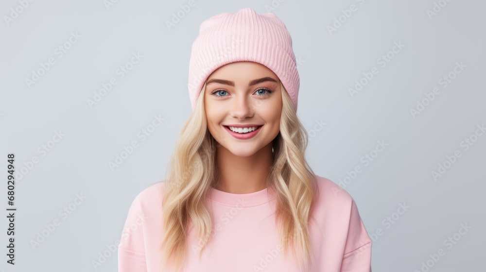 Happy eighteen-year-old girl with wavy blonde hair, blue eyes, full pink lips, delicate face, wearing a plain crew neck Bella canvas t-shirt Happy eighteen-year-old girl with wavy blonde hair, blue eyes, full pink lips, delicate face, wearing a plain crew neck Bella canvas t-shirt